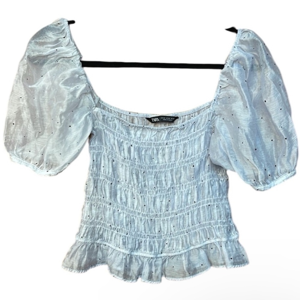 ZARA Puff Sheer Sleeve Smocked Cropped Top Blouse dot detail Grey Women’s XS